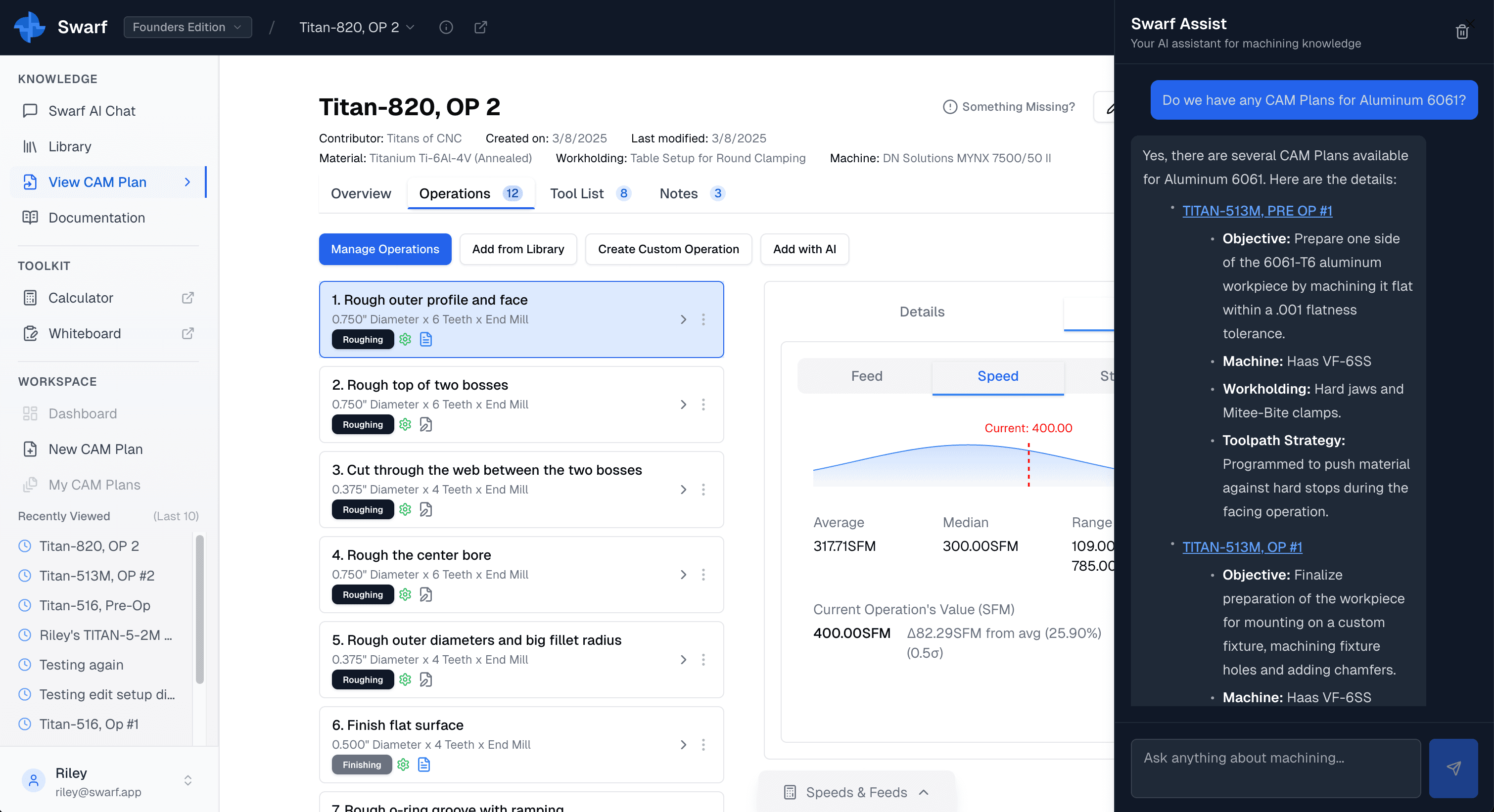Swarf AI chat interface for CAM planning and knowledge access